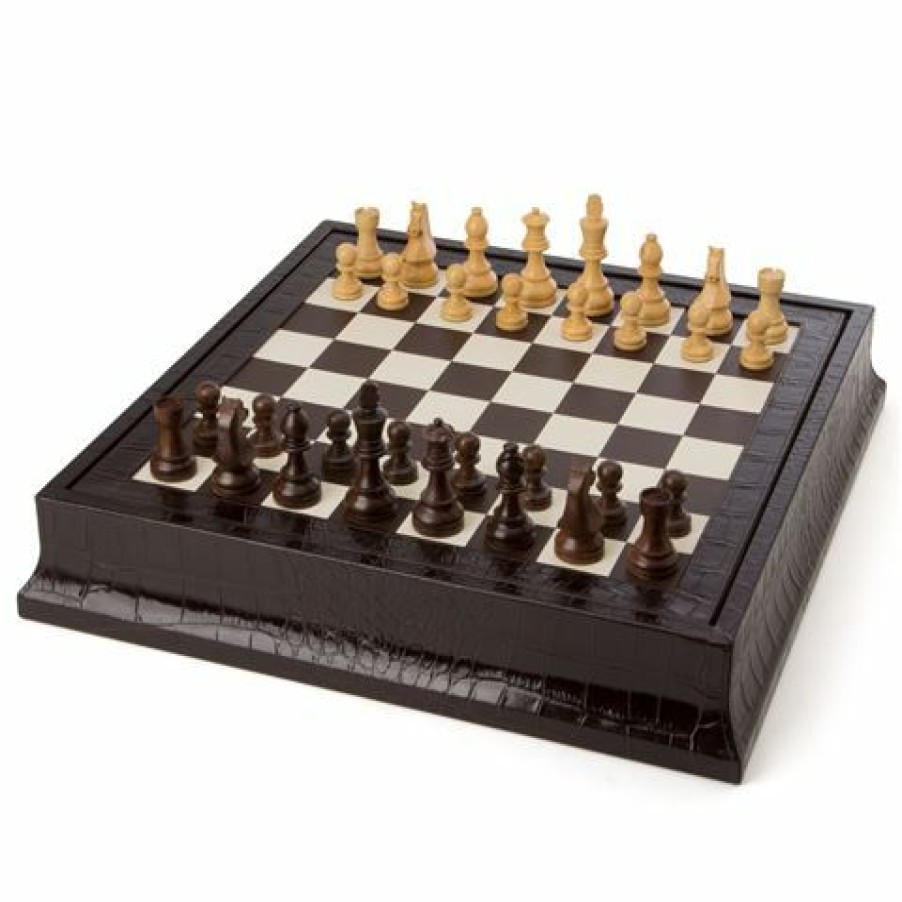 Games & Puzzles * | Renzo Romagnoli Renzo Crocodile Print Leather Chess & Backgammon Set Brown